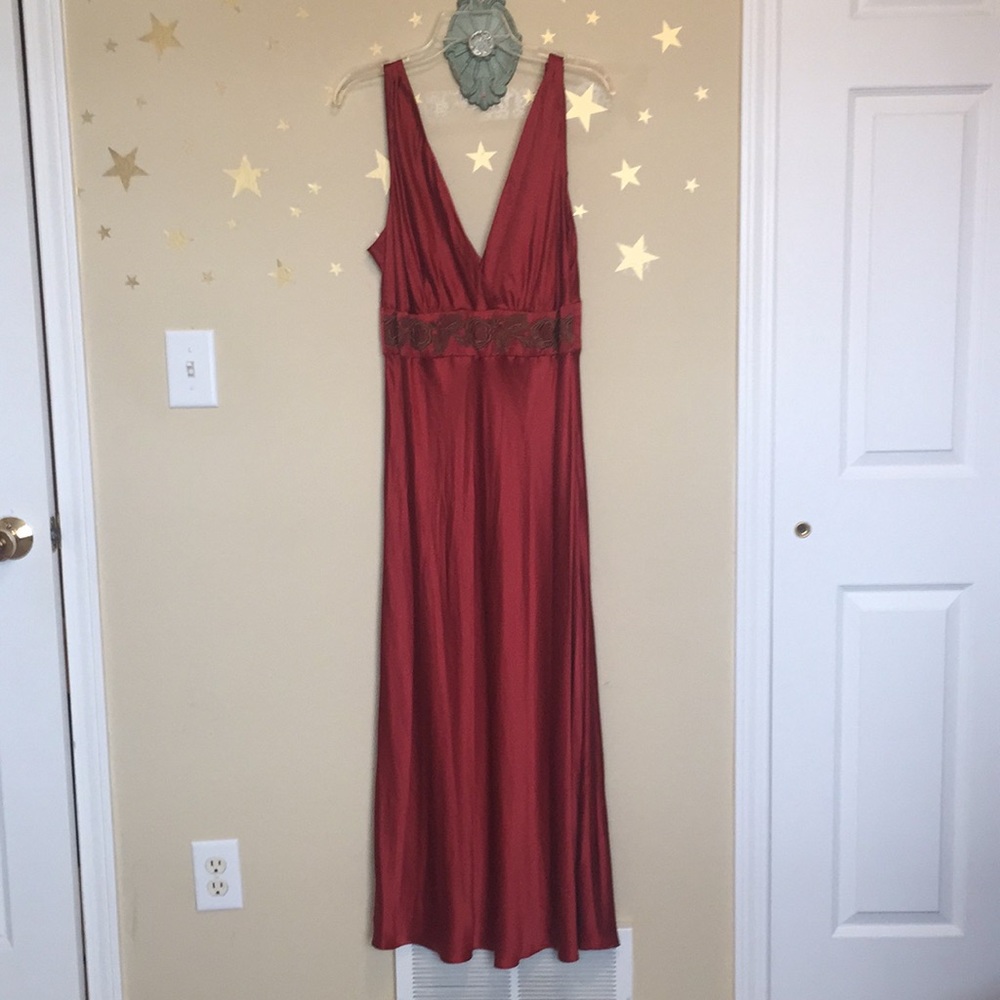 Long Red V-Neck Silky Dress